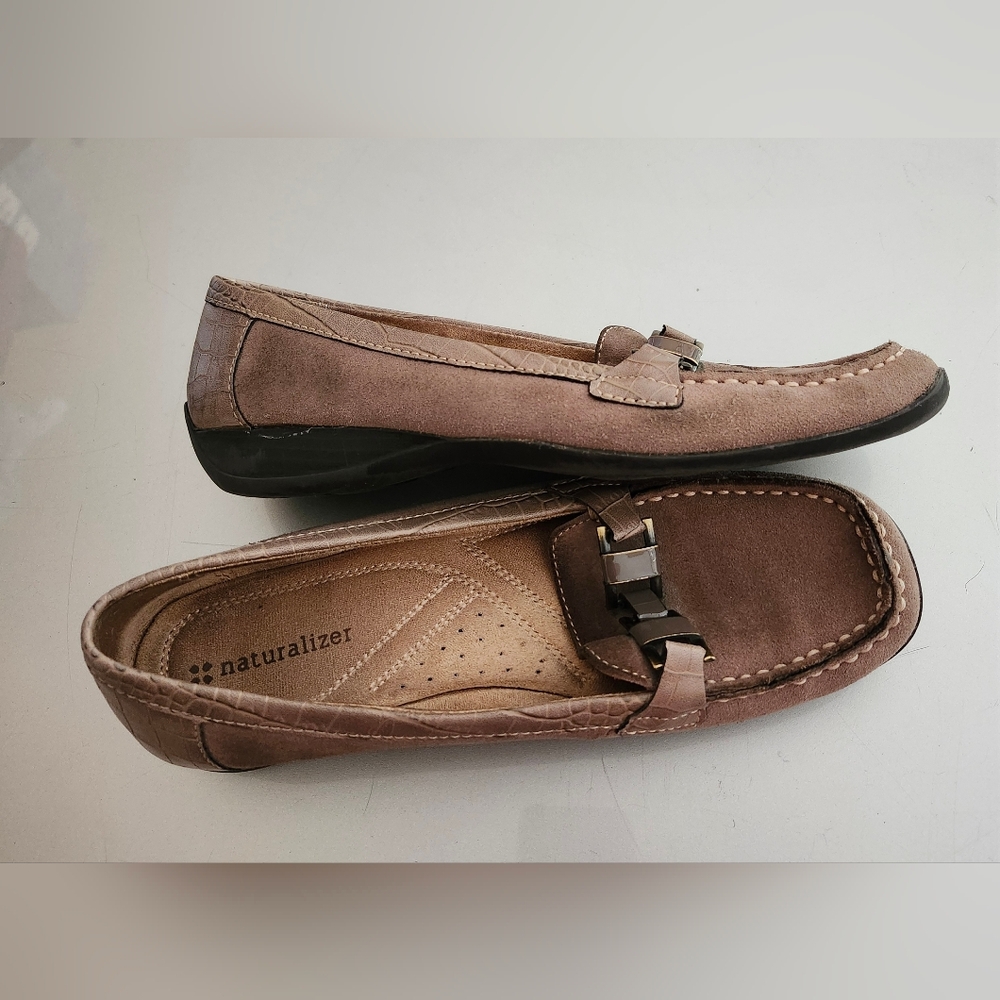 Naturalizer Taupe Suede Moc Toe Loafers with Metal Bit - Picture 4 of 5